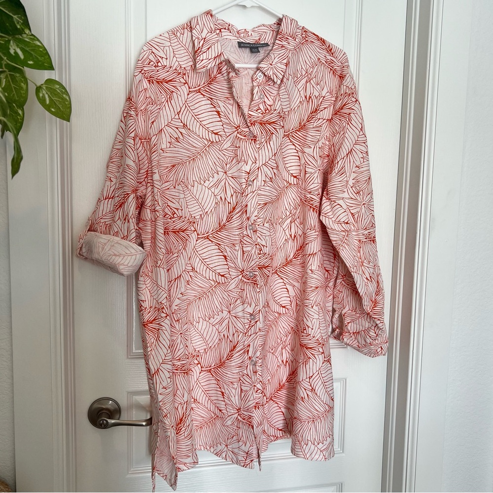 Jessica London Linen Blend Longline Tunic Top Orange Leaf Print Women’s Size 22W